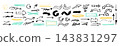 Collection of sketched black arrows with straight, curved, circular and dashed forms, accompanied by yellow and turquoise marker highlights, underlines and frames on white. 143831297