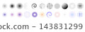 Collection of halftone circles, dotted spirals and radial gradients in black and pastel colors, with stars, diamonds, squares and crescents arranged on a white background. 143831299