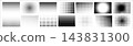 Set of black halftone gradients in rectangular panels with dots, squares, diamonds and triangular shapes. Linear and radial fades create varied geometric textures on white. 143831300