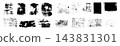 Black grunge texture swatches combine rough paint blocks, faded speckles, scratches and striped impressions. Distressed rectangular marks show varied density on a white background. 143831301