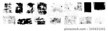 Black grunge texture swatches combine rough paint blocks, faded speckles, scratches and striped impressions. Distressed rectangular marks show varied density on a white background. 143831301