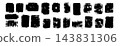 Collection of black grunge paint blocks with rough edges, grainy surfaces and distressed gaps. Varied rectangular and square shapes form isolated graphic elements on white. 143831306