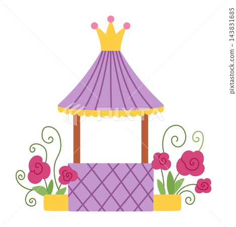 Cute fairy tale garden gazebo with purple canopy topped with crown, decorated with pink flowers and vines. Royal pavilion in flat cartoon style. Perfect for princess themed books, fairy tale Cute fairy tale garden gazebo with purple canopy topped with crown, decorated with pink flowers and vines. Royal pavilion in flat cartoon style. Perfect for princess themed books, fairy tale 143831685
