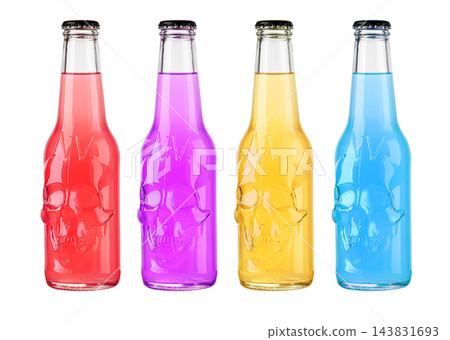 Colorful skull bottles containing vibrant refreshing beverages 143831693