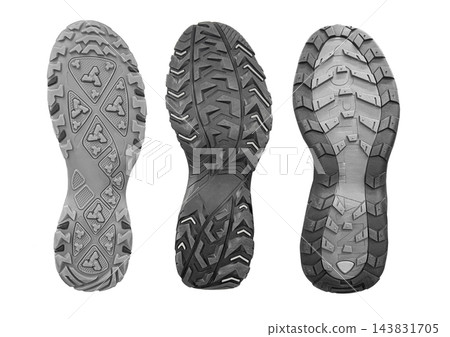 Three shoe soles with distinct rugged tread patterns Three shoe soles with distinct rugged tread patterns 143831705