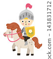 Vector little knight in silver armor and helmet riding horse with shield. Adorable medieval fairy tale character. Cute boy clipart isolated on white background. Fairytale, magic kingdom prince icon 143831712