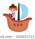 Vector little pirate captain with red hair, wearing black pirate hat with golden crown, steering wooden sailing ship with blue sail. Cute boy on boat clipart isolated on white. Fairytale male 143831713