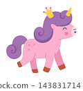 Pink princess unicorn with crown and purple mane isolated on white background. Vector little fantasy animal. Medieval fairytale horse character. Cartoon magic icon. Fairy tale walking pony 143831714
