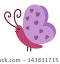 Purple vector butterfly side view. Fantasy insect with purple wings and heart pattern isolated on white background. Fairytale animal character. Cartoon magic icon. Fairy tale pet 143831715