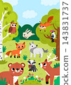 Vector forest animals and birds landscape. Woodland nature detailed scene with bear, fox, deer, wolf, squirrel, owl. Cute wildlife vertical background or book cover for kids with place for text 143831737