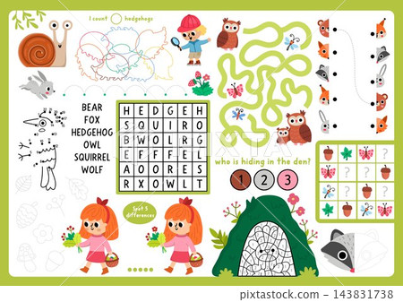 Vector forest animals placemat. Woodland printable activity mat with maze, puzzle, matching, find difference. Cute play mat, menu, kids magazine spreadsheet with owl, fox, rabbit, hedgehog 143831738