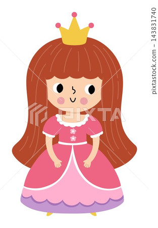 Vector little princess in pink dress and crown. Cute royal girl clipart isolated on white background. Fairytale female character. Magic kingdom icon. Fairy tale illustration with queen Vector little princess in pink dress and crown. Cute royal girl clipart isolated on white background. Fairytale female character. Magic kingdom icon. Fairy tale illustration with queen 143831740