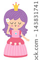 Vector little princess in pink dress and crown, with purple hair. Cute royal girl clipart isolated on white background. Fairytale female character. Magic kingdom icon. Fairy tale illustration with 143831741