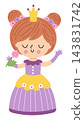 Vector little princess in purple dress and crown smelling flower. Cute royal girl clipart isolated on white background. Fairytale female character. Magic kingdom icon. Fairy tale illustration with 143831742