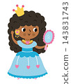 Vector little princess in blue dress, crown, earrings. Cute royal girl clipart isolated on white background. Fairytale female character. Magic kingdom icon. Fairy tale illustration with queen and 143831743
