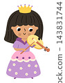 Vector little princess in purple dress, crown, playing violin. Cute royal girl clipart isolated on white. Fairytale female character. Magic kingdom icon. Fairy tale illustration with queen 143831744