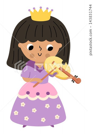 Vector little princess in purple dress, crown, playing violin. Cute royal girl clipart isolated on white. Fairytale female character. Magic kingdom icon. Fairy tale illustration with queen Vector little princess in purple dress, crown, playing violin. Cute royal girl clipart isolated on white. Fairytale female character. Magic kingdom icon. Fairy tale illustration with queen 143831744