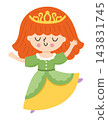 Vector little dancing princess in green dress, crown. Cute royal girl clipart isolated on white background. Fairytale female character. Magic kingdom icon. Fairy tale illustration with queen 143831745