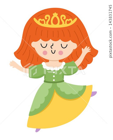 Vector little dancing princess in green dress, crown. Cute royal girl clipart isolated on white background. Fairytale female character. Magic kingdom icon. Fairy tale illustration with queen Vector little dancing princess in green dress, crown. Cute royal girl clipart isolated on white background. Fairytale female character. Magic kingdom icon. Fairy tale illustration with queen 143831745