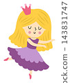Vector little dancing princess in purple dress, crown. Cute royal girl clipart isolated on white background. Fairytale female character. Magic kingdom icon. Fairy tale illustration with queen 143831747