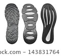 Three athletic shoe soles with distinct rubber tread patterns 143831764