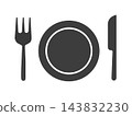 An icon (illustration) of cutlery, symbolizing a meal. 143832230