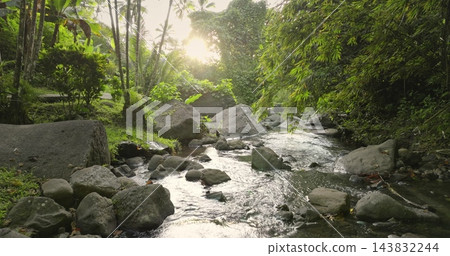 Stream flowing over moss covered boulders through lush tropical jungle and bamboo in Savusavu, Fiji, sunlight filtering through the canopy onto clear, tranquil waters. Natural background. Drone flight 143832244