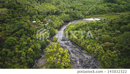 Winding river with black volcanic rocks and lush green jungle foliage forest leading to a small village near Port Resolution, Tanna Island, Vanuatu. Remote travel destination. Aerial view drone flight Winding river with black volcanic rocks and lush green jungle foliage forest leading to a small village near Port Resolution, Tanna Island, Vanuatu. Remote travel destination. Aerial view drone flight 143832322