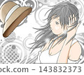 An illustration of a cute girl whose hat has been blown away by the wind. 143832373
