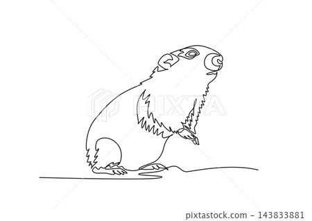 Single one line drawing Arctic lemming standing upright on its hind legs in alert posture, thick fur ruff, small rounded ears, expressive snout. Continuous line draw design graphic vector illustration 143833881