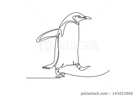 Continuous one line drawing Antarctic penguin waddling across icy terrain with open flippers and alert gaze, sharp beak, distinctive head markings. Single line draw design vector graphic illustration Continuous one line drawing Antarctic penguin waddling across icy terrain with open flippers and alert gaze, sharp beak, distinctive head markings. Single line draw design vector graphic illustration 143833888