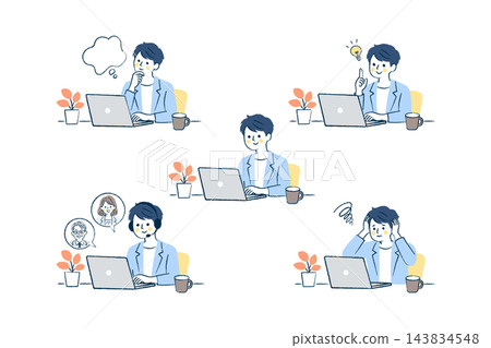 一組包含5張男性上班族使用電腦時的臉部表情和姿勢的圖片 | 燈泡、對話框、耳機、馬克杯 一組包含5張男性上班族使用電腦時的臉部表情和姿勢的圖片 | 燈泡、對話框、耳機、馬克杯 143834548