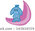 Cute blue rabbit sitting on a pink crescent moon, dreamy digital illustration on black background 143834559