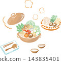 Winter, hot pot, hot pot dishes, watercolor, hand-drawn, meal, cooking, Japanese food, food ingredients, cute, decoration, illustration material 143835401
