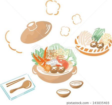 Winter, hot pot, hot pot dishes, watercolor, hand-drawn, meal, cooking, Japanese food, food ingredients, cute, decoration, illustration material Winter, hot pot, hot pot dishes, watercolor, hand-drawn, meal, cooking, Japanese food, food ingredients, cute, decoration, illustration material 143835403