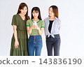 Three female friends peering at a smartphone screen. 143836190