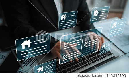 Business professional managing real estate data using a laptop in a modern office environment with digital overlays of property listings and checkboxes Gluon Business professional managing real estate data using a laptop in a modern office environment with digital overlays of property listings and checkboxes Gluon 143836193