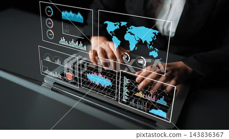 High-tech Businessman Engaging with Futuristic Data Analytics Interface Displayed on Laptop for Modern Business Insights and Strategy Development Gluon High-tech Businessman Engaging with Futuristic Data Analytics Interface Displayed on Laptop for Modern Business Insights and Strategy Development Gluon 143836367