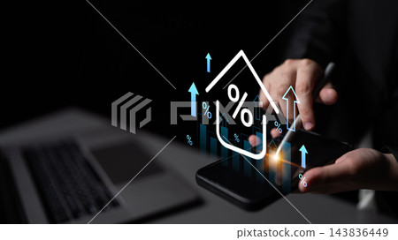 Businessman Holding Smartphone with Graph Symbolizing Growth and Investment in Finance Sector with Percentage Icon Overlaid on Modern Black Background Gantry Businessman Holding Smartphone with Graph Symbolizing Growth and Investment in Finance Sector with Percentage Icon Overlaid on Modern Black Background Gantry 143836449