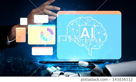 Futuristic Technology Interface with AI Concept and Robot Hand Visualizing Data and Information for Digital Transformation and Innovation Gluon 143836512