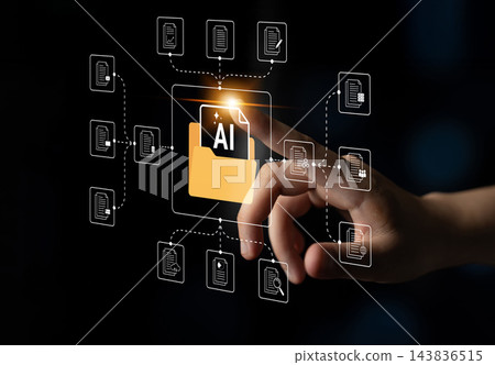 Digital Interaction with Artificial Intelligence Folder Icon Representing Data Management and Technology in a Modern Virtual Environment. Glyphic Digital Interaction with Artificial Intelligence Folder Icon Representing Data Management and Technology in a Modern Virtual Environment. Glyphic 143836515