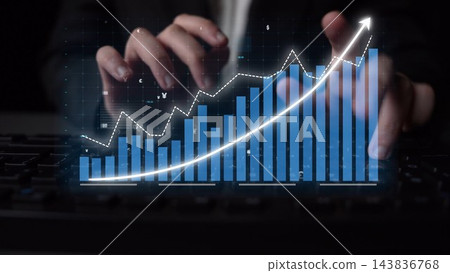 Data analysis and growth concept with hands on keyboard, glowing graph, and financial success representation in dark environment Copula Data analysis and growth concept with hands on keyboard, glowing graph, and financial success representation in dark environment Copula 143836768
