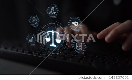 Digital law interface displaying justice scale, highlighting digital law Muxer Digital law interface displaying justice scale, highlighting digital law Muxer 143837091