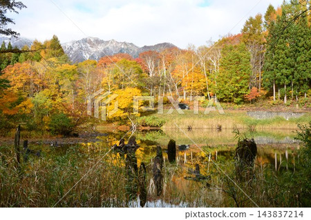 秋山鄉的秋葉、天地池和白雪皚皚的鳥兜山。 秋山鄉的秋葉、天地池和白雪皚皚的鳥兜山。 143837214