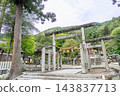 滋賀縣長濱市，春天的伊賀神社入口處的石鳥居和神社庭院 143837713