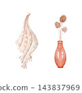 Hand painted watercolor composition of beige draped fabric and a terracotta vase with dried flowers. Minimalist boho decor in earthy tones ideal for posters, invitations, stationery and packaging. 143837969