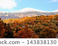 從長野縣智野市立科湖附近的山頂上，可以看到秋葉覆蓋的森林和被白雪輕輕覆蓋的小山丘，這些小山丘在冬天會變成滑雪勝地。 143838130