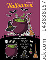 Witch cauldron with green potion doodle sticker elements. 143838157