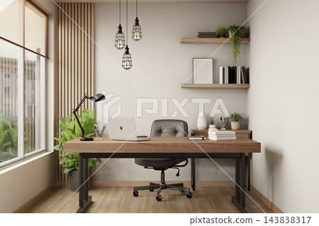Modern Home Office Interior with Wooden Desk Swivel Chair Laptop and Wall Shelves 143838317
