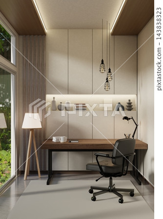 Contemporary Minimalist Home Office Interior with Wooden Desk and Floor Lamp Contemporary Minimalist Home Office Interior with Wooden Desk and Floor Lamp 143838323